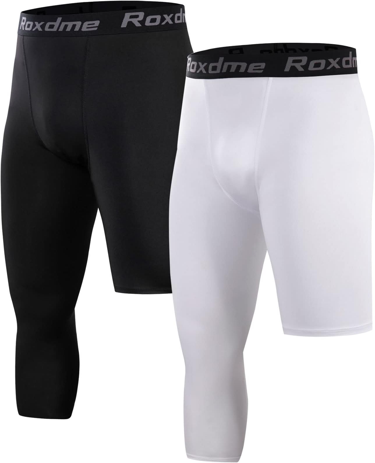 Roxdme2 Pack Men's 3/4 One Leg Compression Capri Tights Pants Basketball Athletic Running