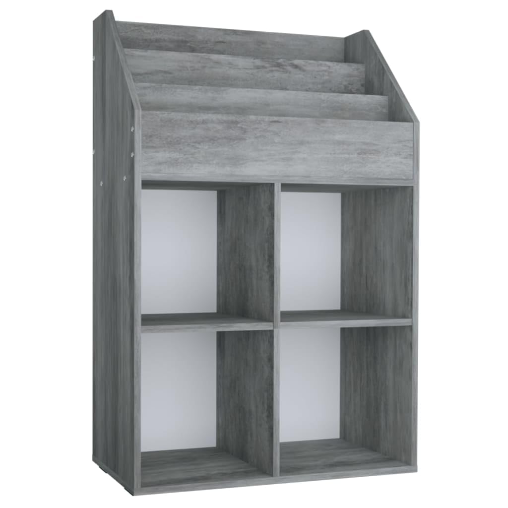 Drewniany stojak na czasopisma Ingenierie Szary Beton 71x30x114cm | 3 przegródki na książki, 4 otwarte przegródki, trwałe, czyszczenie na mokro