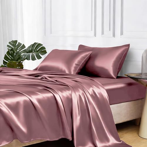 Image of MR&HM Satin Bed Sheets, King Size Sheets Set, 4 Pcs Silky Bedding Set with 15 Inches Deep Pocket for Mattress (King, Rose Taupe)