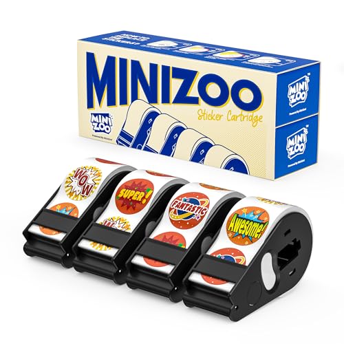 Minizoo 1200 PCS Rewarding Words Stickers for Sticker Dispenser G2.0/3.0, 4 Rolls 1 Inch Stickers Loaded with Cartridge for Kids Reward, Behavior Chart, School Classroom Student Teacher Supplies