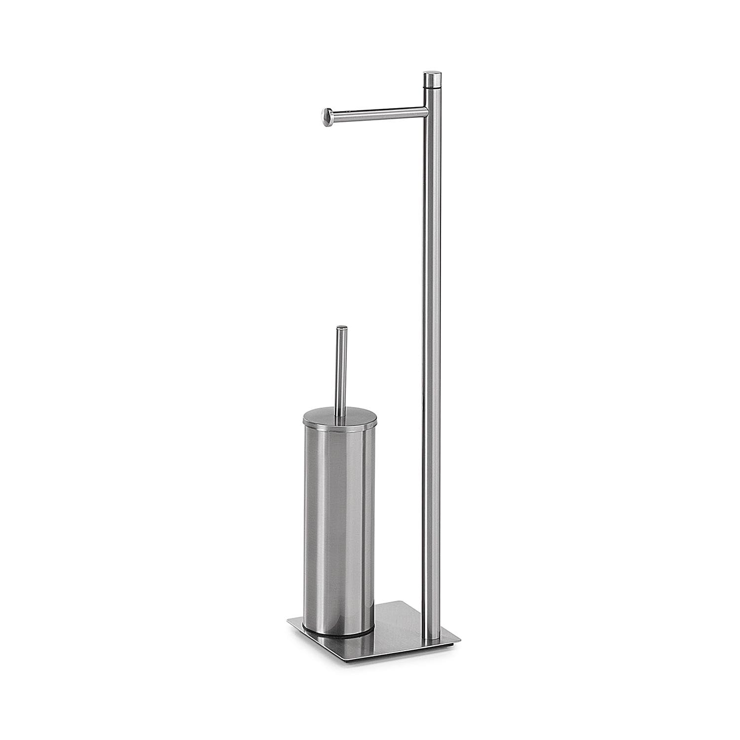 Kiamami Valentina - Piantana portarotolo e portascopino da bagno in acciaio inox e resina, finitura spazzolata, dimensioni compatte, linea SILENE