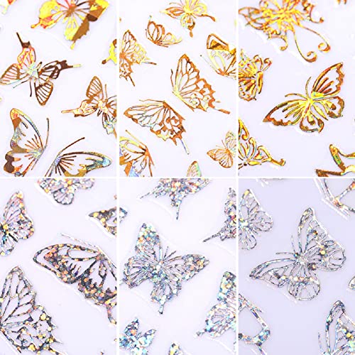 Infantly Bright 3 Sheets Holographic 3D Butterfly Nail Art Diy Stickers, Laser Gold & Silver Ab Color Shapes Sticker Decoration Sliders Colorful Decor Nails Transfer Sticker, Gold,Colorful,Silver #TOP5