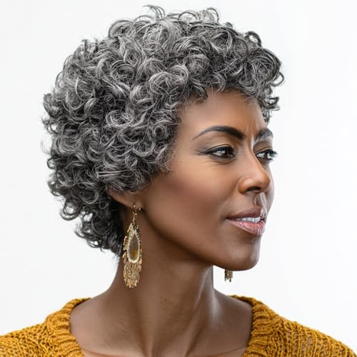 Short Curly Wigs for Black Women Black Grey Pixie Cut Wigs for Women Short Grey Wigs With Bangs Salt and Pepper Curly Wig Wear Cosplay Party Use (Black Grey)