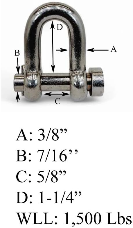4 Pcs Forged 3/8" Round Pin Chain Shackle 1,500 Lb WLL Stainless Steel