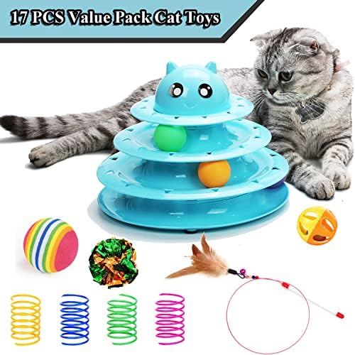 17 Pack Cat Toys Interactive for Indoor Cats Kitten Toy Fun Roller 3 Level Cat Teaser Ball Toys with Cat Feather Wand
