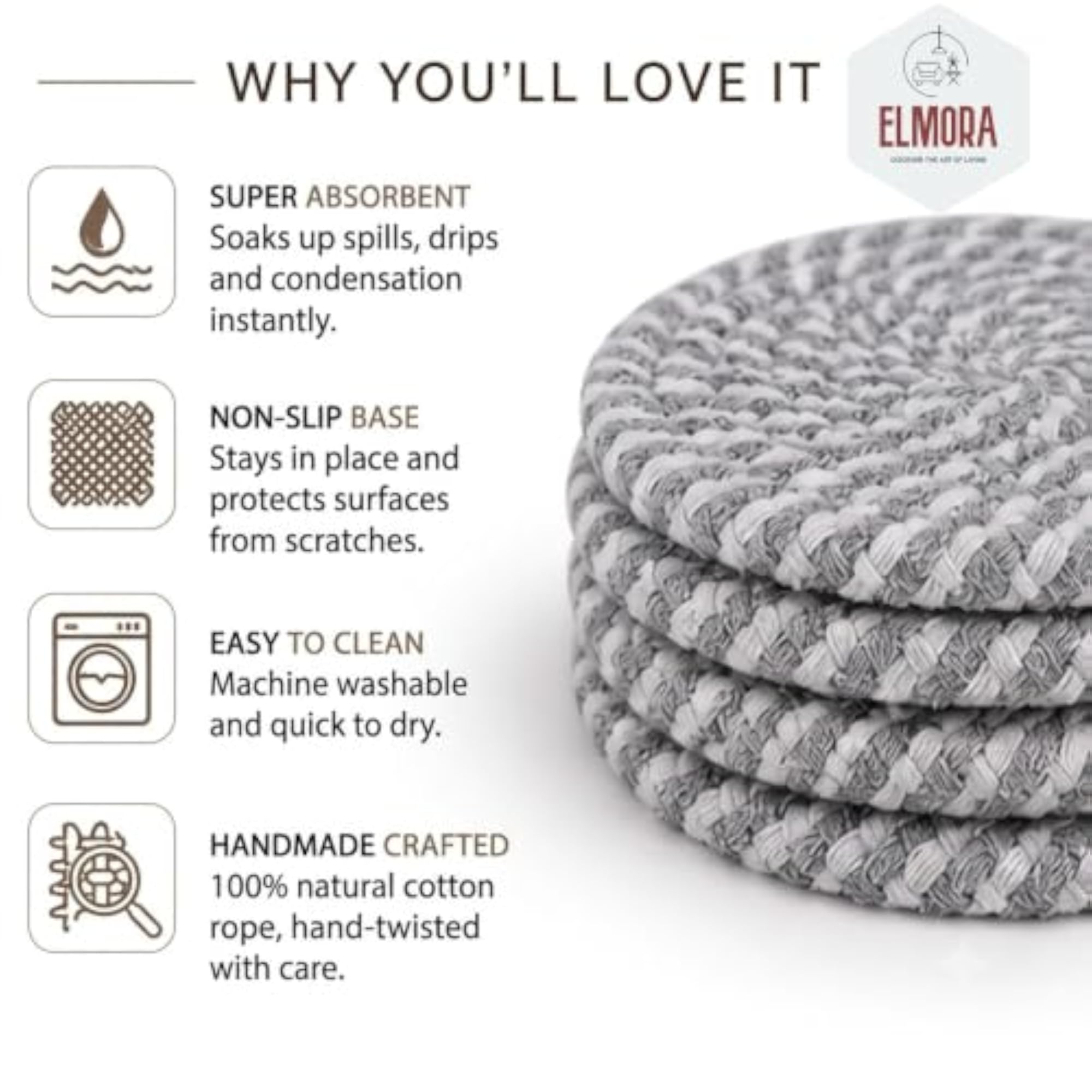 Cotton Rope Coasters, Handmade Absorbent Set for Dining