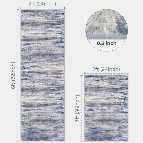 KOZYFLY Modern Abstract Area Rugs 2PCS 2x3 and 2x6 Blue-Grey Machine Washable Runner Rug Non-Slip Living Room Rug, Faux Wool Soft Low Pile Office Carpet for Hallway Entryway Bathroom Bedroom