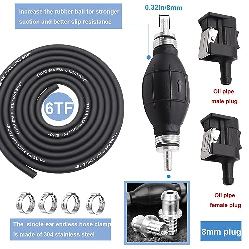 Tnisesm 5/16" 6FT Fuel Line Assembly, with Connector Rubber Marine Outboard Boat Motor RVs Fuel Assembly with Primer Bulb 304 Steel Hose Clamps