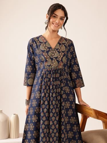 Image of Vbuyz Women's Cotton Floral Print A-Line Regular Fit Kurta