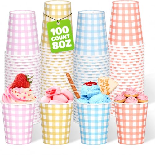 qonimi 100 Pcs 8 oz Gingham Disposable Paper Cups Drinking Paper Cups Coffee Checkered Cups Pastel Cups for Party, Birthday, Easter, Picnic and Holiday, 4 Colors
