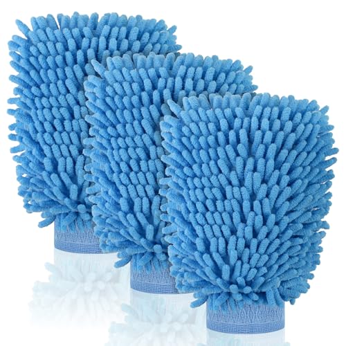 Mkobon 3 Pack Chenille Microfiber Car Wash Mitt, 7" x 9.6" Car Washing Mitts, Home Dusting Gloves, Scratch Free Lint-Free, Highly Absorbent, Double Sided, for Cleaning Detailing Polish (Blue)
