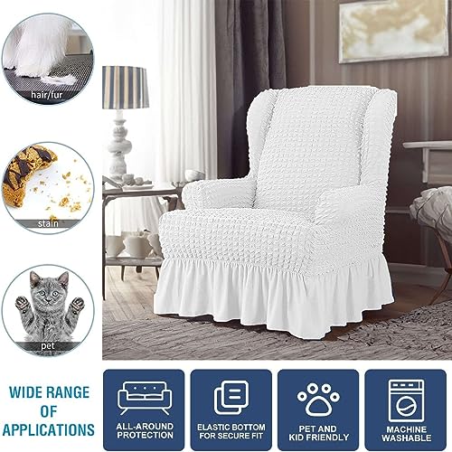 Stretch Wing Chair Slipcovers 1 Piece, Seersucker Fabric Armchair Covers With Skirt Elegant Ruffle, Living Room Sofa Slipcover Furniture Protector-White-1 Piece #TOP1