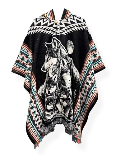Wolf Pack Alpaca Wool Black Poncho Cape Shawl Blanket Unisex Poncho Zarape Gaban Indigenous Handmade