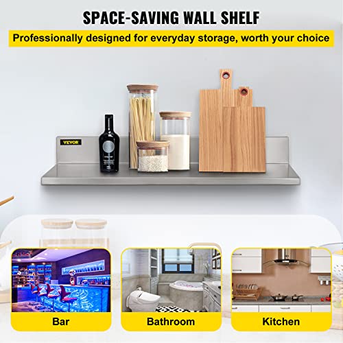 VEVOR Stainless Steel Shelf 8.6\" x 30\", 2PCS Wall Mounted Floating Shelving with Backsplash, 44 lbs Load Capacity Commercial Shelves, Heavy Duty Storage Rack, Restaurant Kitchen Bar Home Hotel