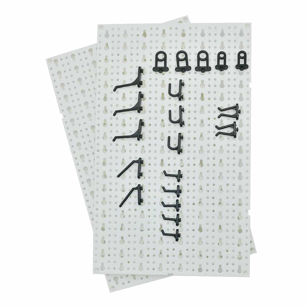 Lot de 2, Panneau Porte Outils, 25 x 30 cm/Paneau - 20 Crochets Panneaux Perforés, Inclus - Panneau Mural Outils Garage, en PVC - Rangement Outils, Atellier de Bricolage