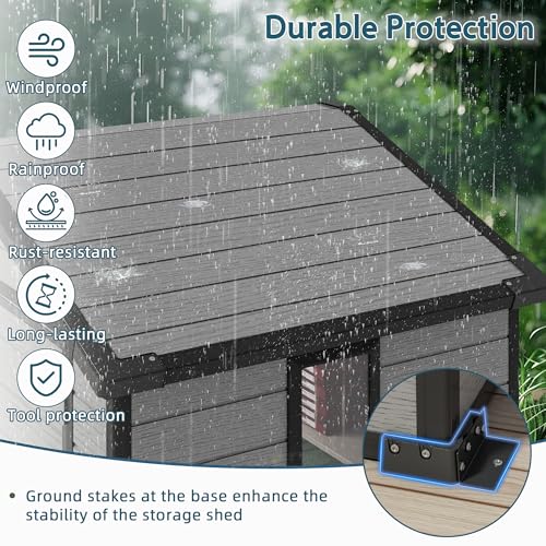 Image of 6X4 FT Resin Storage Shed, Outdoor Storage Shed with Floor & Drainage Channel for Bikes, Furniture, Gardening Tools, Plastic Sheds with Lockable Double Door Suitable for Backyard, Patio, Lawn