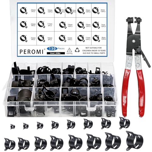 PEROMI 130Pcs 6-25mm Spring Band Hose Clamps With Swivel Flat Hose Clamp Plier Assortment Kit Constant Tension Steel Clamps for Fuel Lines Silicone Vacuum Hoses & Low-Pressure Air Clips