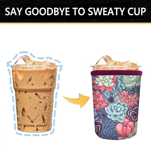 Image of YR Reusable Neoprene Insulator Sleeve for Iced Coffee Cups, 3 Pack Coffee Coolies sleeves for Iced & Hot Drinks, Cold Beverage Cooler Compatible with Starbucks Coffee and More (Succulent)