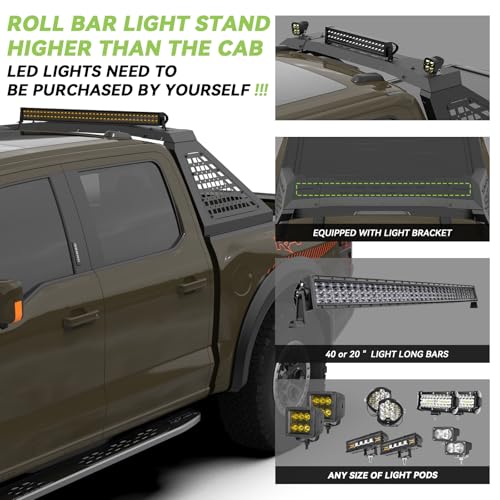 Image of Adjustable Roll Bar Full Size Compatible with Truck F-Series /F150 /Ranger /Tremor /Lighting, Ram 1500 TRX Series, Silverado 1500, Gmc Sierra 1500, Tundra,Titan Xd | No Drilling Installation