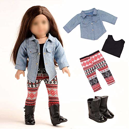 Image of Sweet Dolly 4PC Doll Clothes Denim Jacket Tank Top Leggings Shoes for American 18 inch Doll