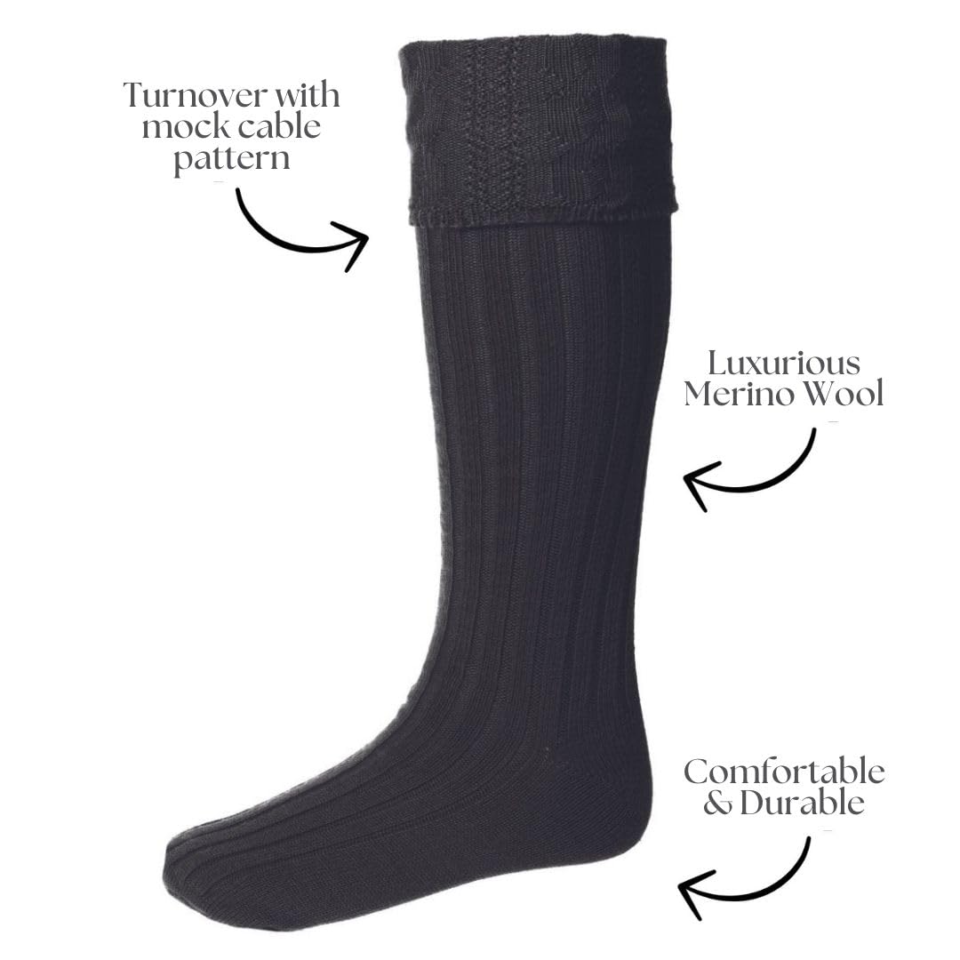 Chaussettes de kilt pour homme – Chaussettes habillées Highland en laine mérinos mélangée – Fabriquées en Écosse – Vêtements Highland pour hommes, tenues formelles et activités de