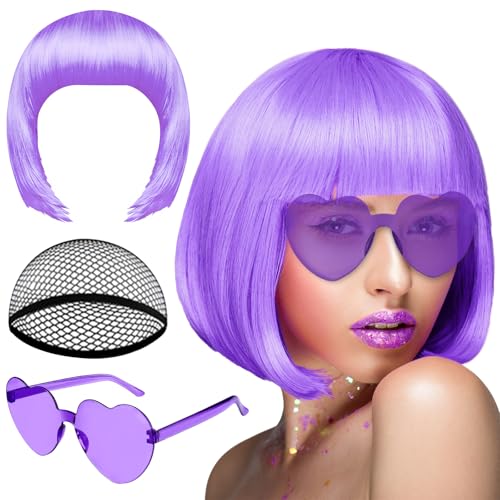 PLULON Purple Bob Wig and Sunglass Set Neon Short Bob Wig Sunglass Pack Costume Colorful Cosplay Hairpieces for Bachelorette Neon Party Favors Halloween Decorations