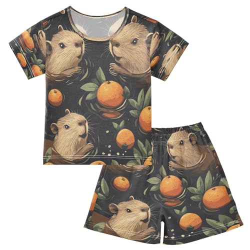 Pajama Sets Short Sleeve Animals Swimming with Oranges Soft Cotton Summer Sleepwear 2 Piece PJS Size 5-14T