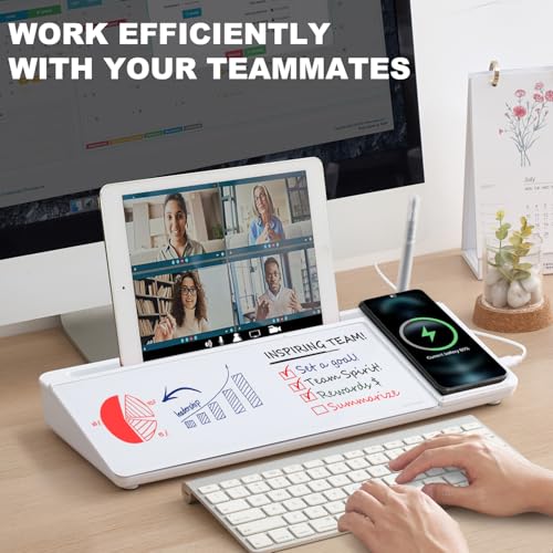 Image of Small Glass Desktop Whiteboard Dry-Erase-Board - Computer Keyboard Stand with Wireless Charger White Board Surface Pad with Drawer, Desk Organizers with Accessories for Office, Home, School Supplies