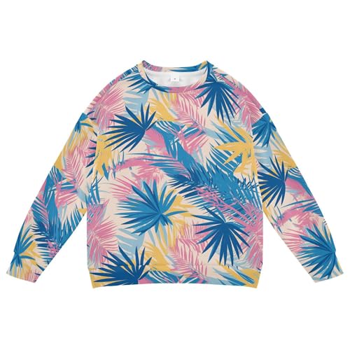 JUNZAN Palm Leaves Beige and Blue Big Boys Hooded Sweatshirt Crewneck Hoodies for Girls Sports 4T