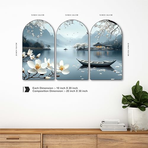 Image of Livin'luxe Serene Lake View Wall Painting | Set of 3 MDF Panel Lotus Flower & Boat Artwork | Scenic Landscape Wall Art for Living Room, Bedroom, Hallway & Office Decor (20 x 30 Inch) RPNS-23