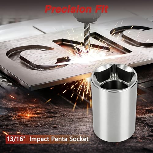 Image of EVRBUL 13 /16 inch Penta Socket 1 /2 inch Drive, 5-Point Utility Tool for Fire Hydrant & Water Meter Valve, Rounded Design, 304 Stainless Steel