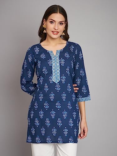 Image of Rapsodia Women Cotton Navy Blue Ethnic Buti Printed Short Kurti
