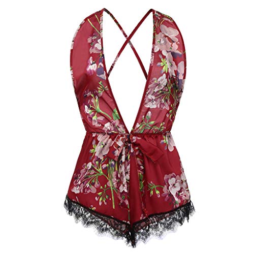 Women Sleepwear,Fxbar Fashion Floral Printed Cami Set Deep V Neck Temptation Babydoll Teddy Schoolgirl's Outfit(Red,L)