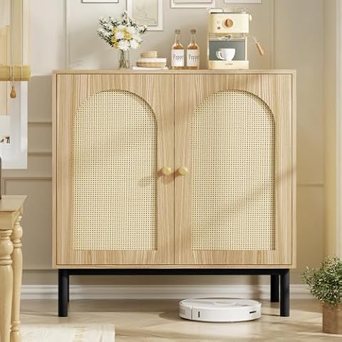WEENFON Rattan Cabinet, Storage Cabinet with Rattan Doors, Accent Cabinet, Multifunctional Cupboard for Living Room, Entryway, Natural Cover