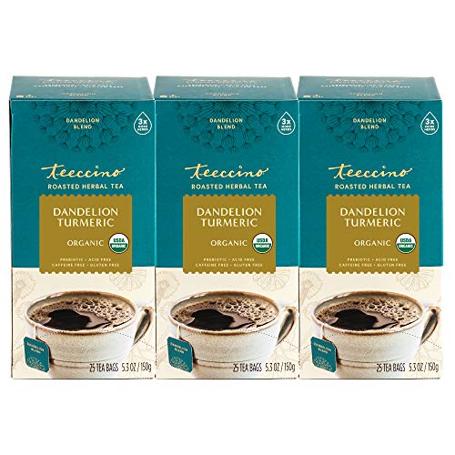 Teeccino Dandelion Turmeric Tea - Caffeine-Free, Organic, Roasted Herbal Tea With Prebiotics, 3X More Herbs Than Regular Tea Bags, Gluten Free - 25 Tea Bags (Pack Of 3) #TOP30