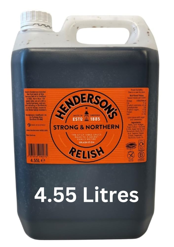 Hendersons Relish. an Alternative to Worcestershire Sauce. A Spicy Gluten Free Sauce. Plant Based Ingredients. Suitable for Vegans / Vegetarians. 4.55 Litre Bottle.