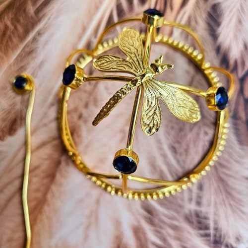 Image of Hair Bun Cage Accessory for Women | Handcrafted Brass Juda Cover with Stick | Anti-Tarnish Traditional Hair Accessory for Wedding & Festive (Dragonfly Blue Crystal Hair Bun (Golden))