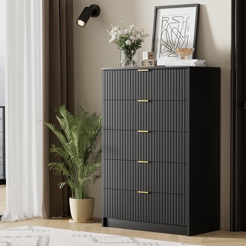 Image of Furniway Black Dresser for Bedroom, Modern Dresser with 5 Drawers and Smooth Slides, Wide Chest of Drawers with Golden Handles for Bedroom, Living Room, Closet, 15.7 inch D x 31.5 inch W x 47.2 inch H