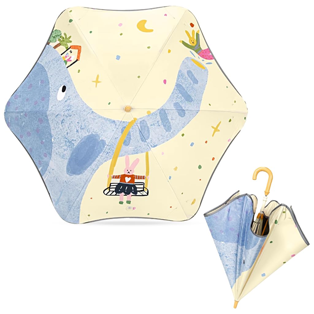 Kids Umbrella with Reflective Stripe for Safety, Lightweight Wind Resistant Canopy, Elephant Cartoon Print Umbrella for Kids Boy with Safe Rounded Corners, 6-Rib UV Protection Design - Yellow
