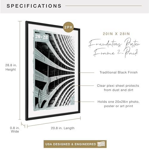 Image of MCS Foundation 20x28 Poster Frame Traditional Black, Vertical & Horizontal Wall Hanging Large Picture Frame for Photos, Posters & Art Prints (2-Pack)
