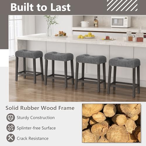 Image of Giantex 24 inch Bar Stools Set of 2, Backless Counter Height Saddle Bar Stools w /Padded Seat, Solid Rubber Wood Legs, Farmhouse Linen Fabric Upholstered Barstools for Kitchen Counter Island, Cafe, Grey