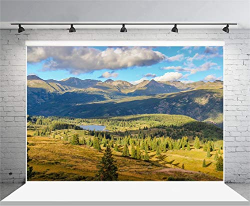 Laeacco 8x6.5ft Mountain Landscape Backdrop Lake Trees Blue Sky White Cloud Nature Scenery Photography Background Outdoor Realistic Photographic Shoot Background Wedding Photo Portraits Studio Props