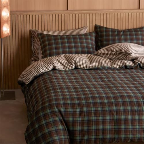 Image of Gingham Duvet Cover King Size Brown Green Plaid Checkered Reversible Bedding Set 3 Pcs Vintage Tan Grid Soft Lightweight Microfiber Comforter Cover Set with Zipper Closure and 2 Pillowcases