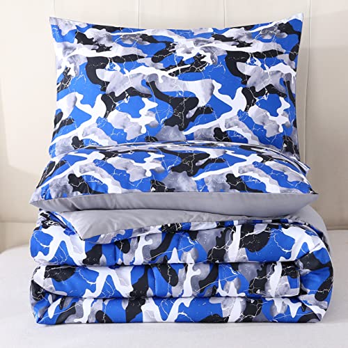 Mengersi Camouflage Comforter Set Queen Size For Boys,Blue Gray Marble Comforter Set For Kids Girls Teens All Season Bedding Sets With Pillowsham(1 Comforter,2 Pillowshams) #TOP3