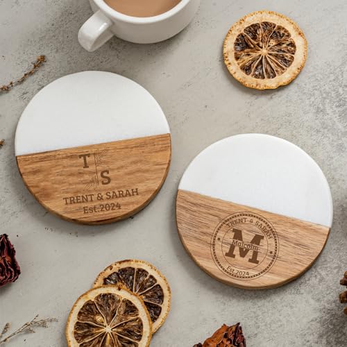 Crezusvo Personalized Coasters, Anniversary Wedding Gifts for Couple, Marble Wood Coaster with Monogram Engraved, Great Newlywed Housewarming