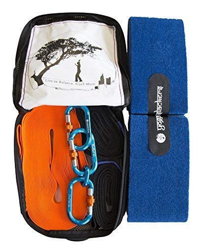 YogaSlackers Full Slackline kit for Yoga and Balance Training e-Line 50 Foot with Included Anchor Straps Locking Carabiners and Tree Protection
