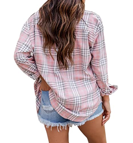 NUOREEL Women's Plaid Flannel Long Sleeve Button-Down Shirt2