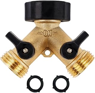Biswing Garden Hose Splitter 2 Way, Heavy Duty Brass Connector Tap Splitter, Y Splitter 2 Valves with 2 Extra Rubber Washers