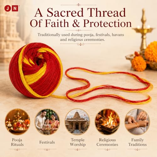 Image of JN Pure Cotton Kalava Mauli Dhaga for Pooja Rituals | Pack of 6 Rolls (20g Each) | Red & Yellow Sacred Thread | Raksha Sutra for Diwali, Rakhi, Havan & Temple Pooja | Skin-Friendly Moli