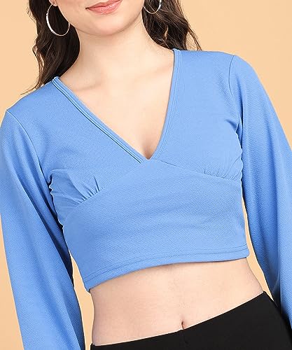 Image of POPWINGS Women Casual Self Design Rust Deep V Neck Full Sleeve Crop Top | Women Tops | Women Regular Tops | Women Tops | Women Stylish Tops